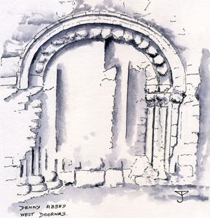 Denny : west doorway - Drawing by John Yarnold