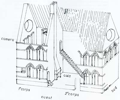 Saint-Léger : reconstitution du manoir du Temple, vers 1220 - Croquis F. DELAERE